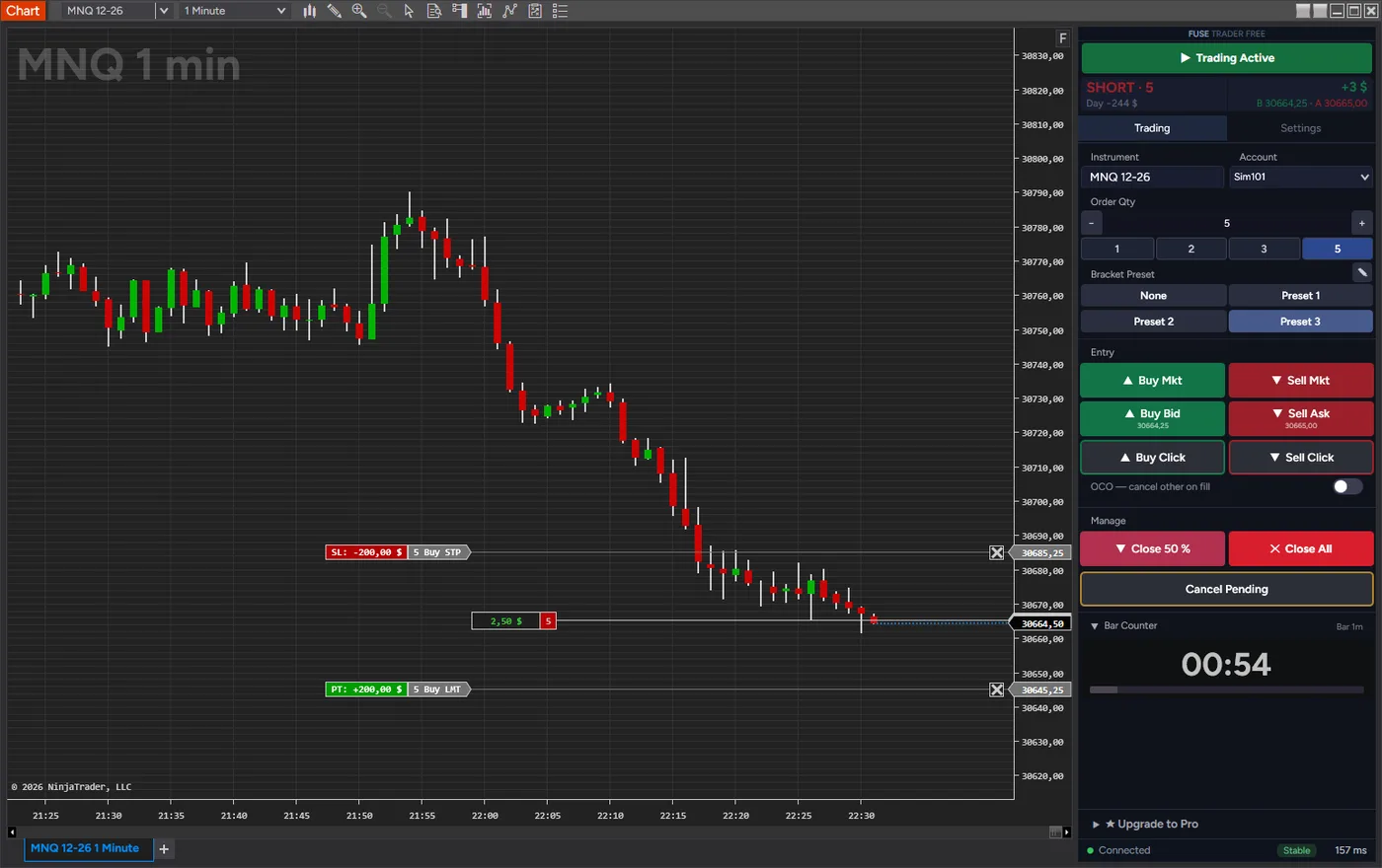 Fuse Trader Free panel on an MNQ 1-minute chart with bracket presets, entry buttons and position management