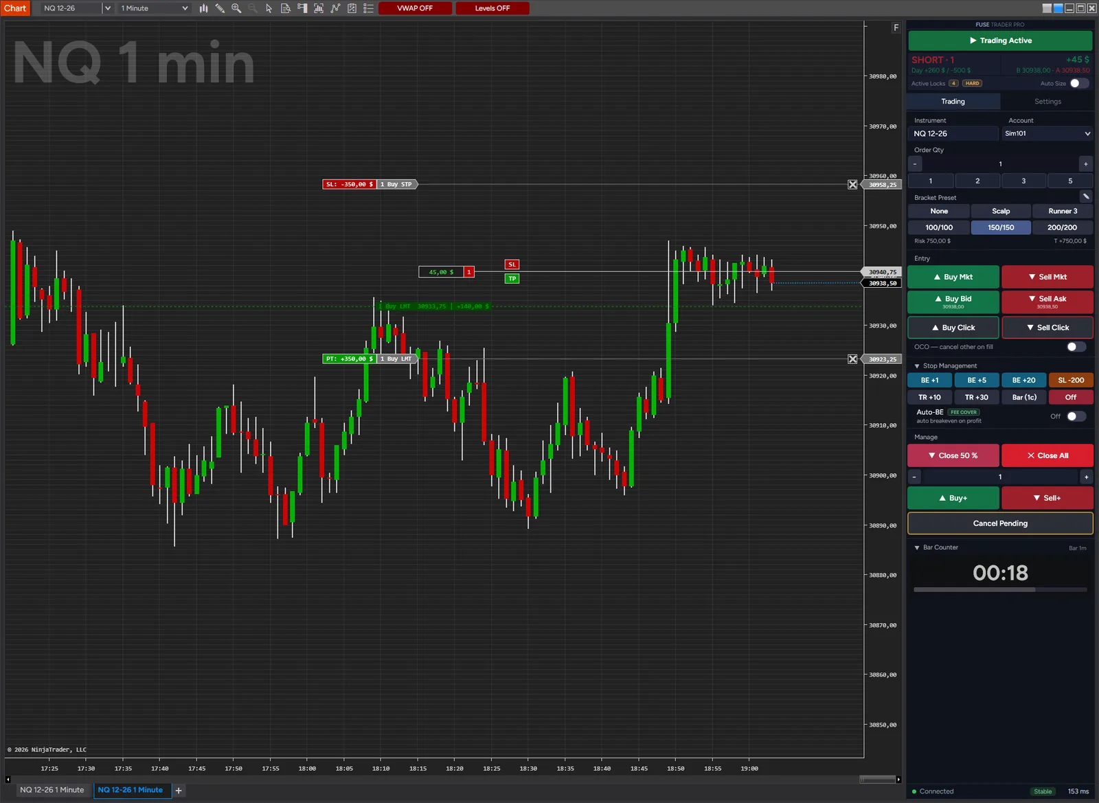 Fuse Trader Pro panel next to an NQ 1-minute chart in NinjaTrader 8, showing bracket presets, entry buttons, stop management and a bar counter